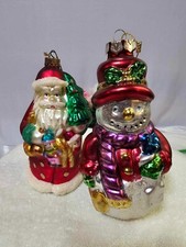 2 vtg Glass Christmas Ornament Santa & Snowman Ornament Large- X108