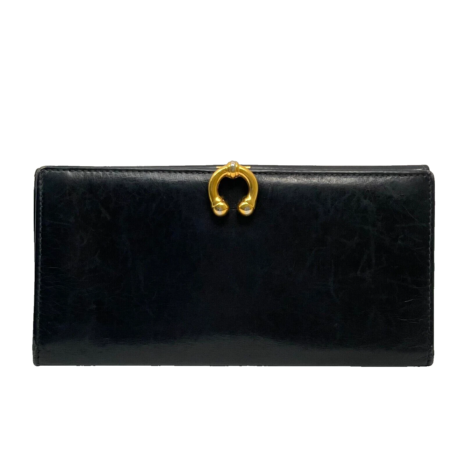 GUCCI Long Portefeuille Bifold Sac à Main Cheval Chaussure Clip Cuir Noir Vintage Auth