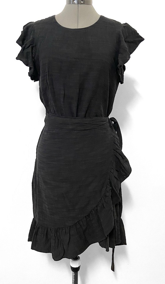 DECJUBA dress size 8 black/grey faux wrap ruffle hem