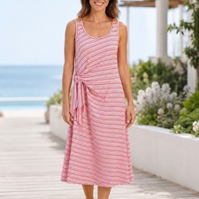 Talbots Red White Striped Side Tie Knot Sleeveless Cotton Knit Dress Large NWT