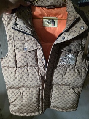 The North Face x Gucci Beige Logo Print Puffer Vest Orange Lining Size L 38in
