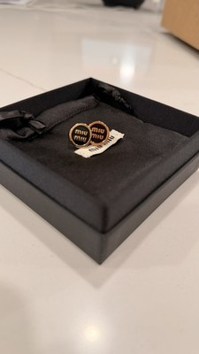 Miu Miu Logo Embossed Enamel Black/ Gold Tone Stud Earrings Fine Jewelry Italy