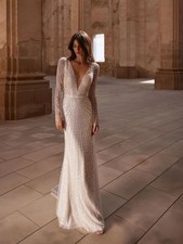 Classic Long Sleeve Wedding Dress Deep V Neck Sequined Floor-length Bridal Gown
