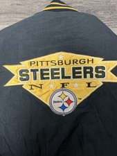 Vintage Logo 7 Pittsburg Steelers Jacket Lettermans Button Up Nylon Sz Xl Puffer