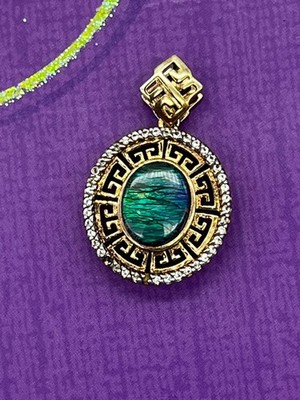 TOTO TJC Sterling Silver Opal Halo Greek Key Accent Pendent Necklace