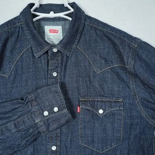 Levis Mens Western Denim Shirt Dark Indigo Pearl Snap Long Sleeve Size Medium