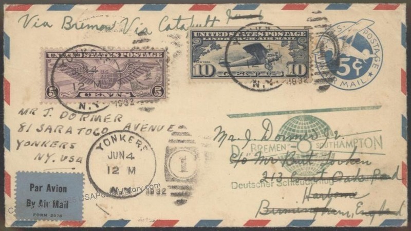 USA 1932 Bremen Catapult K106 Cover Airmail Germany Birmingham England 116214
