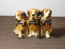 VINTAGE 3 ST BERNARD DOGS DOG NICKELS DIMES QUARTERS CERAMIC COIN BANK