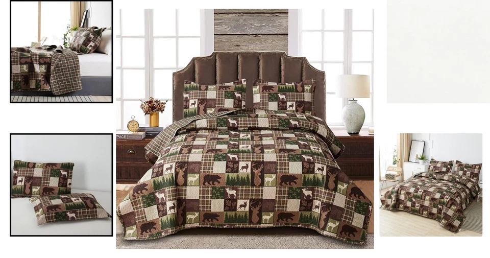 轻便乡村小屋被子套装 - 双面驼鹿和熊全/大号床上用品 — 第 2/4 张图片