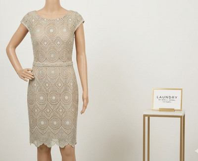 Laundry by Shelli Segal Beige Lace Sheath Knee Dress 8 V-Neck Cap Sleeve Cutout