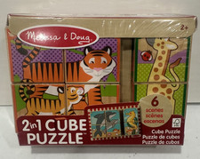 Melissa  Doug 2 In 1 Wooden Block Cube Puzzle 6 Animal Scenes Educational NEW