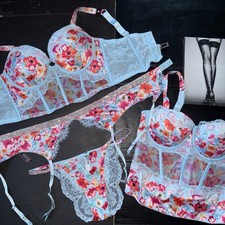Victoria's Secret 36C CORSET TOP BRA garter M BLUE RED PINK POPPY SHINE STRAP