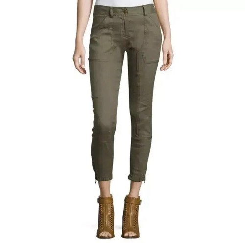 Veronica Beard Army Green Caladium Linen Zip Trim Cargo Joggers Size 2 29x26.5