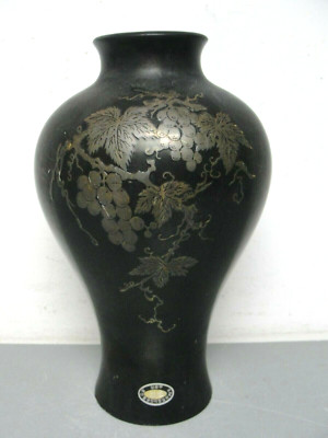 CHINESE ASIAN BLACKWARE DRY PAINT VASE w/BRASS INLAY HAND MADE 12'' TALL VINTAGE