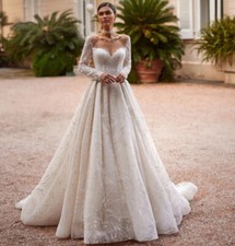 Elegant A-Line Wedding Dress O-Neck Long Sleeved Satin Sequin Pearls Bridal Gown