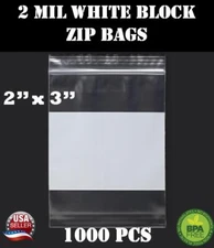 1000 2"x 3" Zip Seal Reclosable 2Mil Plastic Top Lock Bags White Block Jewelry