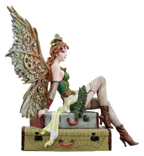 Steampunk Aviador Hada Sentada en Maletas Estatuilla 9"H Viajero Victoriano - Imagen 5 de 9