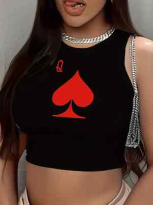 MEDIUM BLACK Poly Knit Crew Neck Tank. Sleeveless.  Red Ace of Spade Graphic.