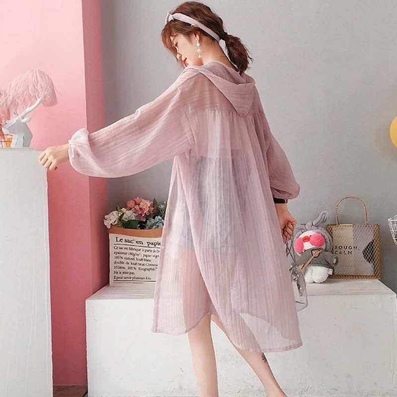 Cárdigan largo transparente de gasa Abrigo Chaqueta Blusa a rayas Prendas para el torso con capucha Verano Foto 3 de 4