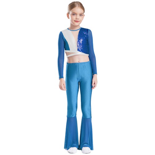 Kids Girls Outfit Shows Shirt And Flared Pants Latin Sweatsuit Color Block Jazz - Picture 32 of 52