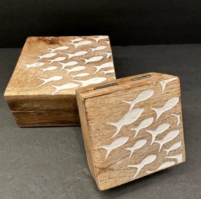 NEW - Boltze Home Germany - Mango Wood -Set of 2 Hinged Box with Fish Incised