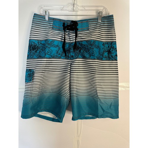 OP Striped Board Shorts Swim Trunks Floral Accents Beach Surf Size 32 - Bild 1 von 5