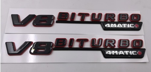 GLOSS BLACK red V8 BITURBO AMG 4MATIC+ BADGES SIDE WING C63 E63 GLC63 x 2 - Picture 2 of 2