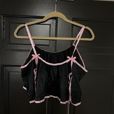 VTG Fredericks Of Hollywood Babydoll Top Size L Black / Pink Trim Bow Ties Satin