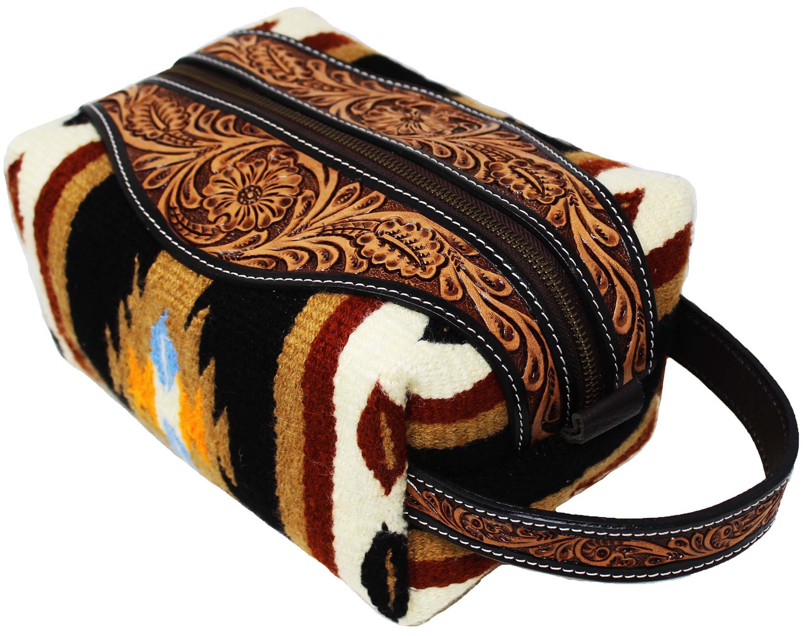 Men Women Western Wool Floral Tooled Leather Travel Toiletry Dopp Kit Bag