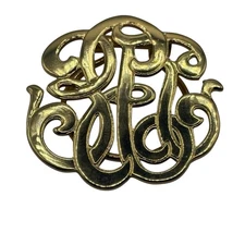 Vintage Scarf Dress Clip Gold Tone Monogram Initials Script Letters Open Work