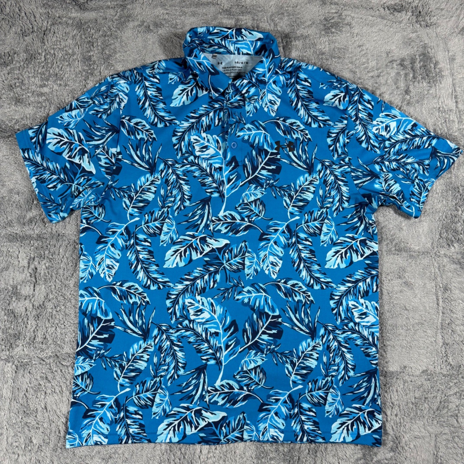 Under Armour The Playoff Polo Performance Men's Large Blue Tropical Leaf Print thumbnail 2