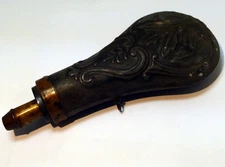 Antique Zink Embossed Gun Powder Flask  Muzzle loader musket Oak Floral design
