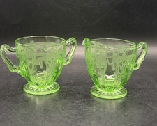 Vintage Anchor Hocking Cameo Ballerina Green Uranium Glass Open Sugar & Creamer