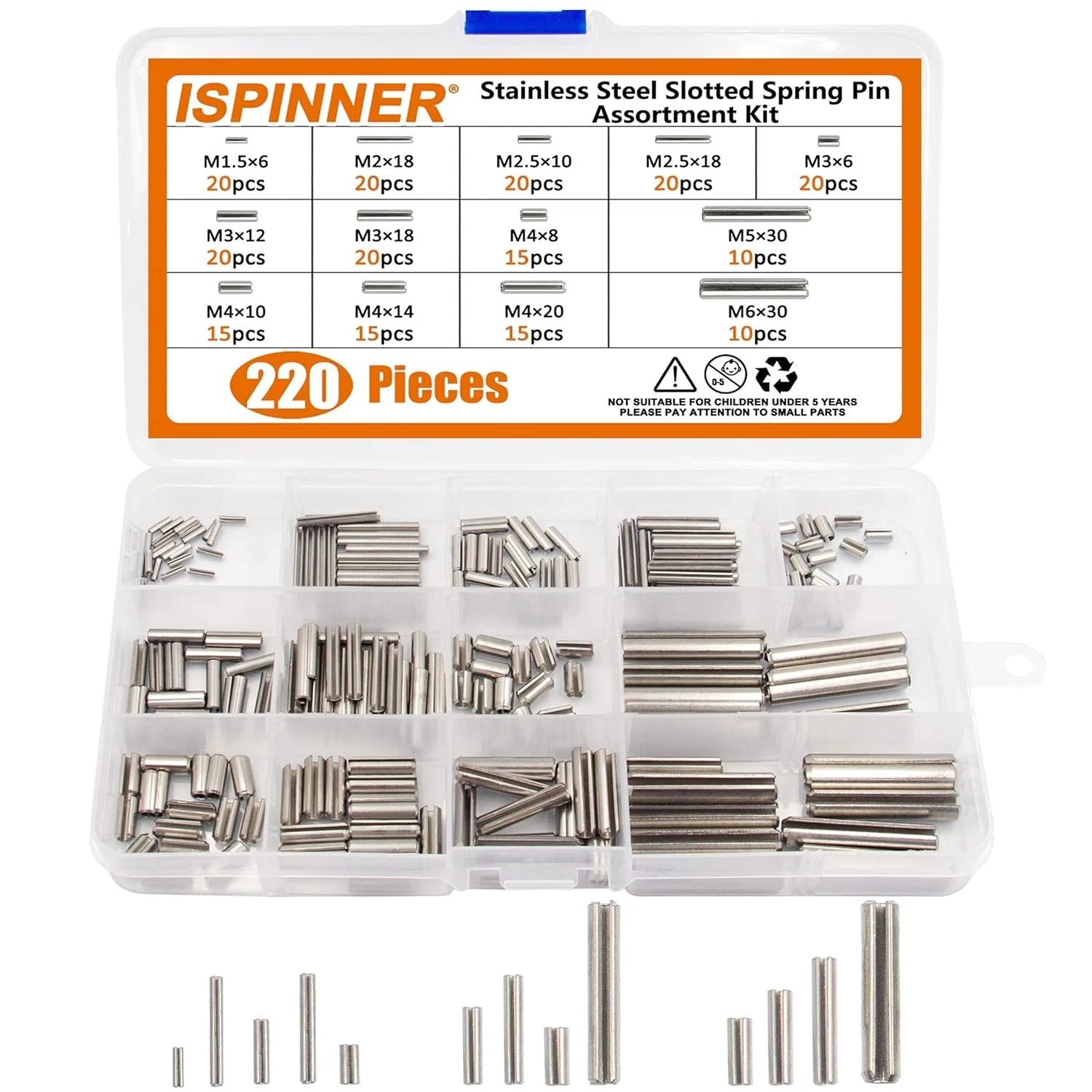 220pcs Roll Pin Set, Stainless Steel Slotted Spring Pin Assortment Kit M1.5 M2 M