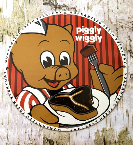 VINTAGE 12" PIGGLY WIGGLY PORCELAIN GASOLINE SODA POP GAS OIL PUMP STATION SIGN