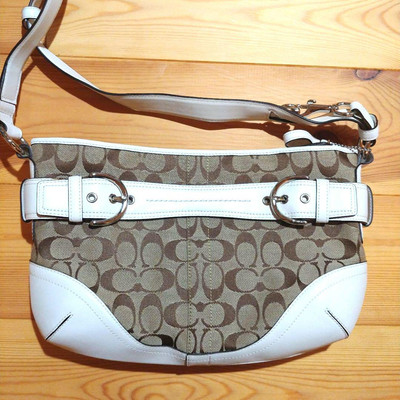 yk Coach Canvas Leather Shoulder Bag Auth Beige White Medium Women