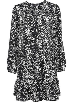 Tunika-Kleid Gr 44 Schwarz Wollweiß Geblümt Mini-Kleid Langarm Casual-Dress Neu
