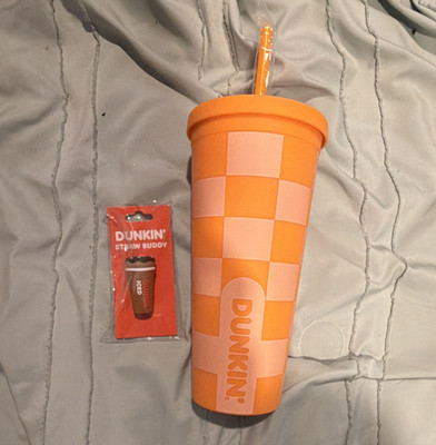Dunkin' Checkered Tumbler Orange & Pink with Straw Buddy Coffee & Tea Theme