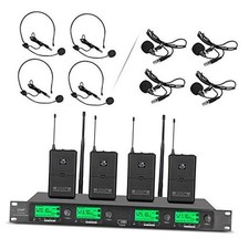 Wireless Microphone System Pro UHF 4 Channel 4 Lavalier Bodypacks 4 Lapel Mic