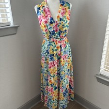 Kensie Faux-Wrap Notched-Lapel Midi Dress Size 10 Floral Tropical Vacation