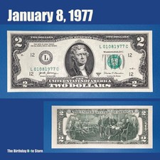 January 8, 1977 Birthday Anniversary $2 Two Dollar Bill Serial Number 01081977