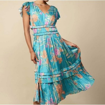 Current Air Los Angeles Floral Pleated Midi Dress Teal Blue Orange XS 1790162-4