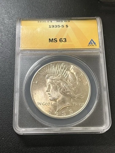 1935 S PEACE DOLLAR ANACS MS-63 - UNCIRCULATED - SEMI KEY DATE - CERTIFIED - $1