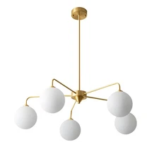 5 Light Modern Brass Chandelier Mid Century Gold Ceiling Light Fixture White ...