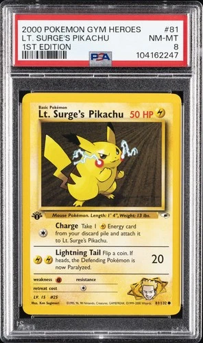 2000 POKEMON GYM HEROES 1ST EDITION #81 LT. SURGE'S PIKACHU PSA 8