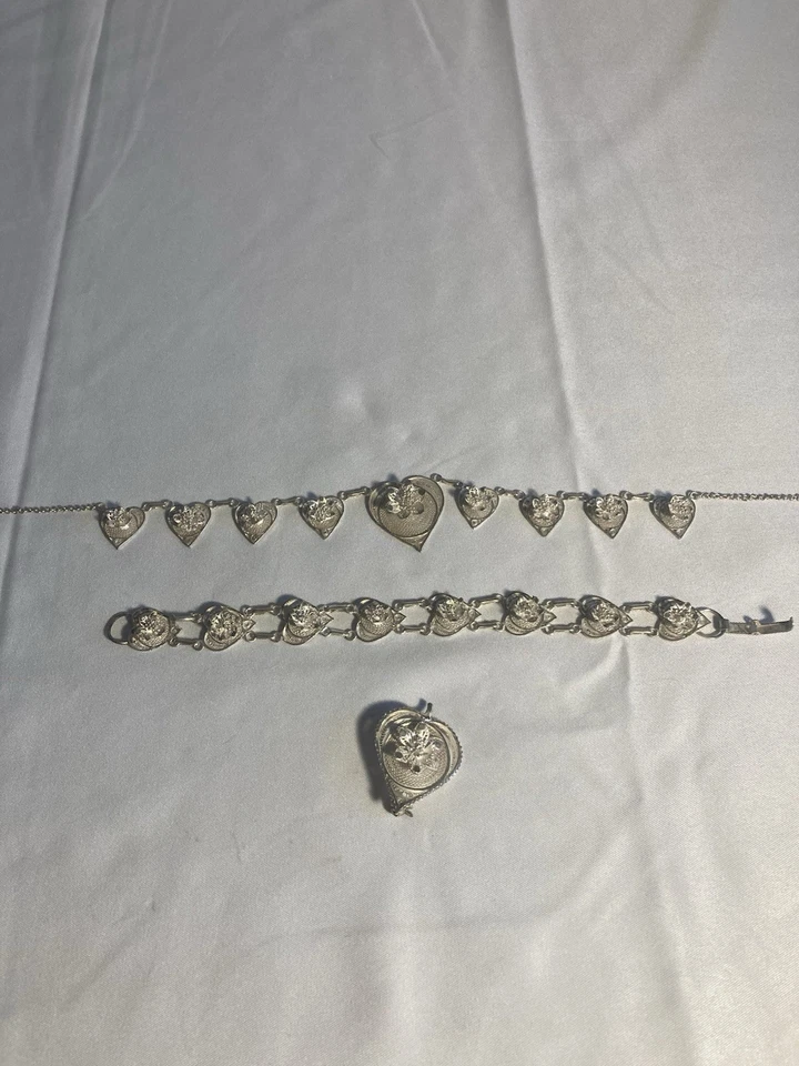 Gargantilla, pulsera y alfiler floral filigrana hecha a mano de plata México Foto 2 de 4