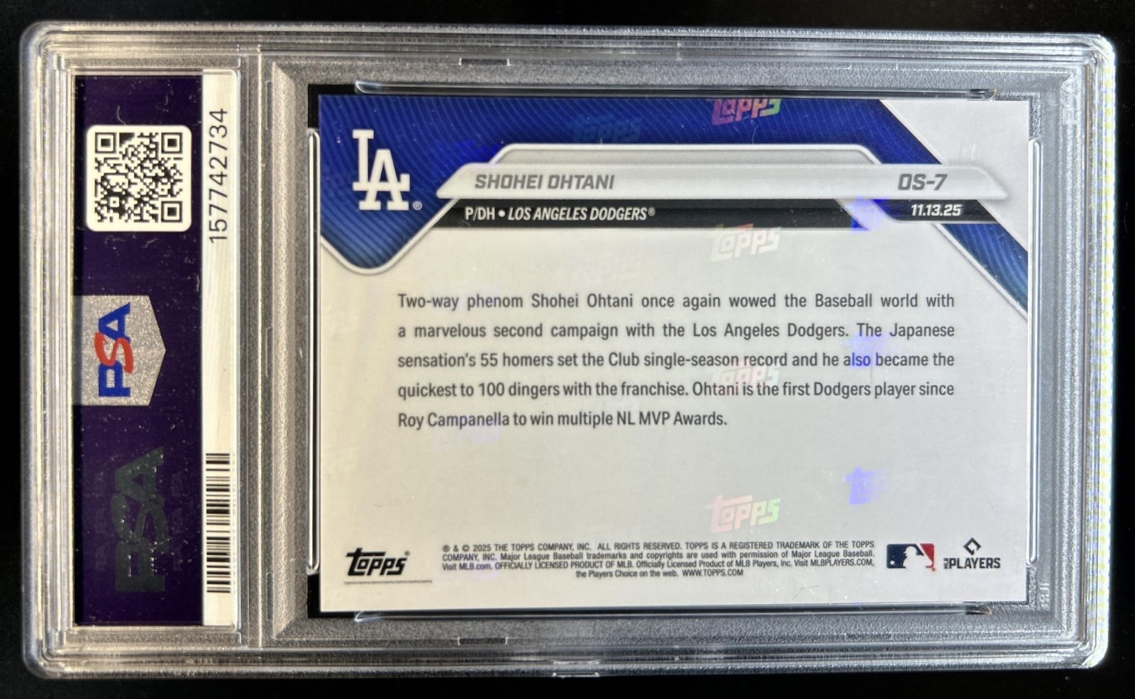 2025-26 Topps Now Off-Season Shohei Ohtani 2025 MVP #OS-7 Dodgers PSA 10 view 2