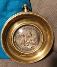 Quadro Scultura Sacra Madonna Con Bambino Ovale Su Ottone Antica 