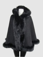 Women's New Black Cashmere Wool Wrap Cape with Fox Fur Hood CLEARANCE SALE