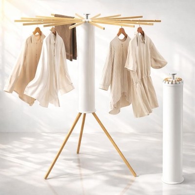Heavy-Duty Wooden Tripod Clothes Drying Rack, 16 Rods, Large Capacity, 360° A...